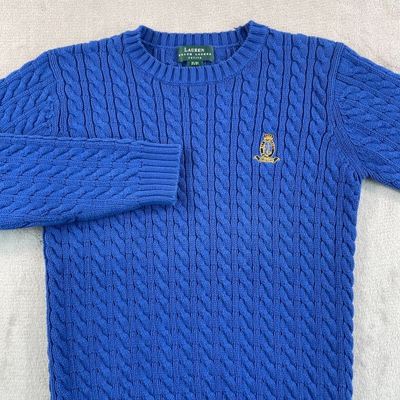 VTG Lauren Ralph Lauren LRL Sweater Women Petite Small PP Blue Cable Knit Crest - Picture 1 of 9
